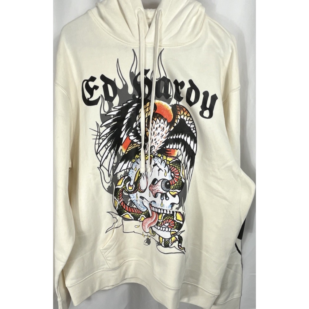 Ed Hardy Men's White Skull Snake Tattoo Graphic Print Pullover Hoodie Size XL